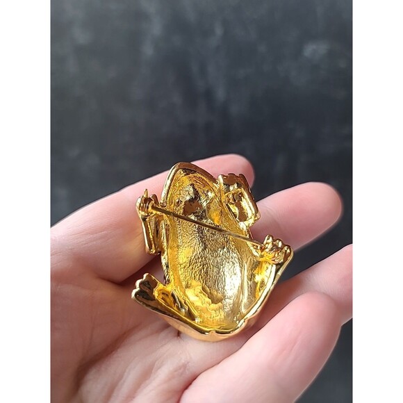 Frog Shaped Enamel Gold Tone Metal Brooch Vintage Costume Jewelry - Picture 8 of 10